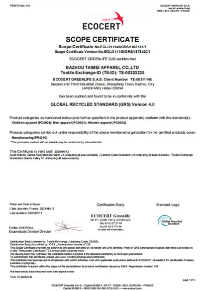 BAZHOU TAIMEI APPAREL CO,. LTD. TEXTILE EXCHANGE